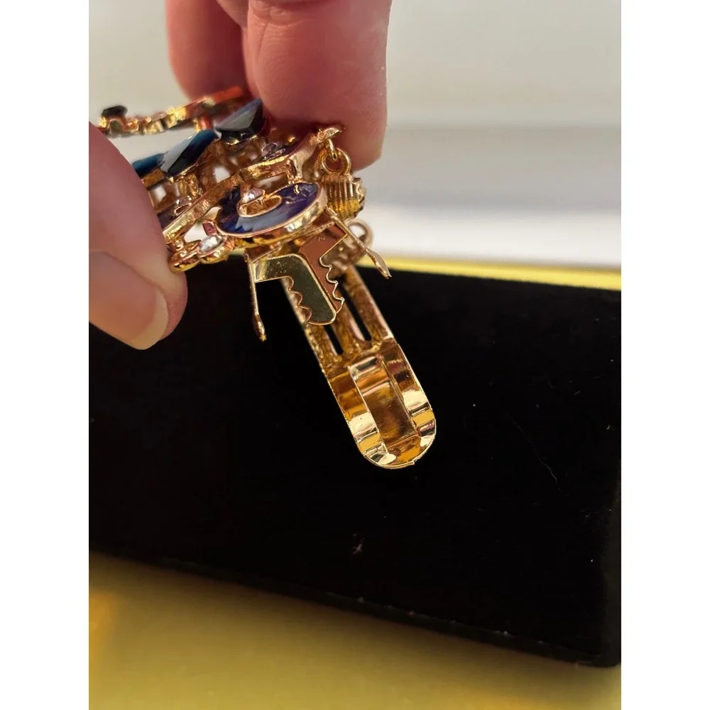 Jerrinnie Blue Peacock Enamel Rhinestone Hair Barrette Gold Tone Dangle Clip
